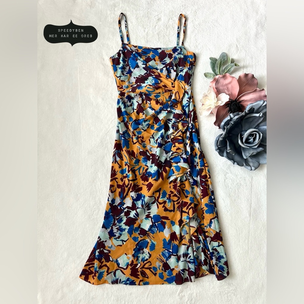 PRABAL GURUNG Ochre Floral Frenzy Side Ruffle Dress size 4